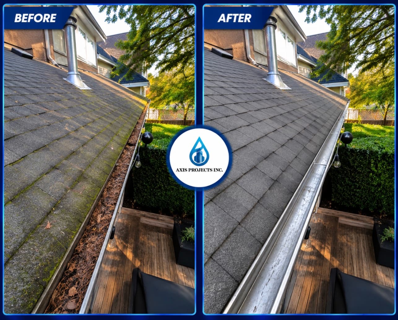 Clogged gutter before and after cleaning by Axis Projects
