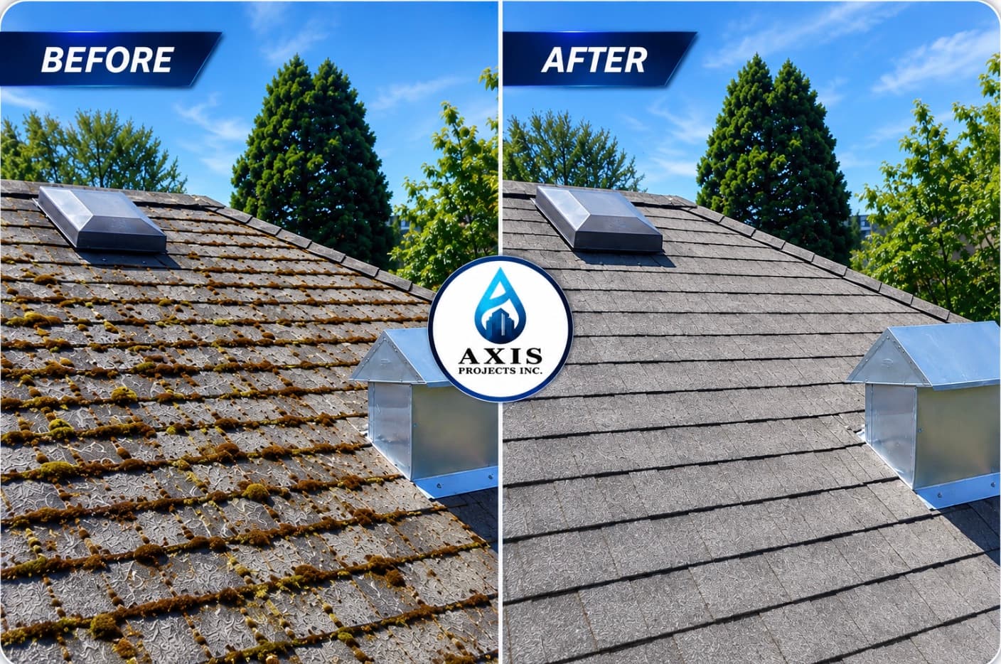 Shingle roof before and after moss removal by Axis Projects