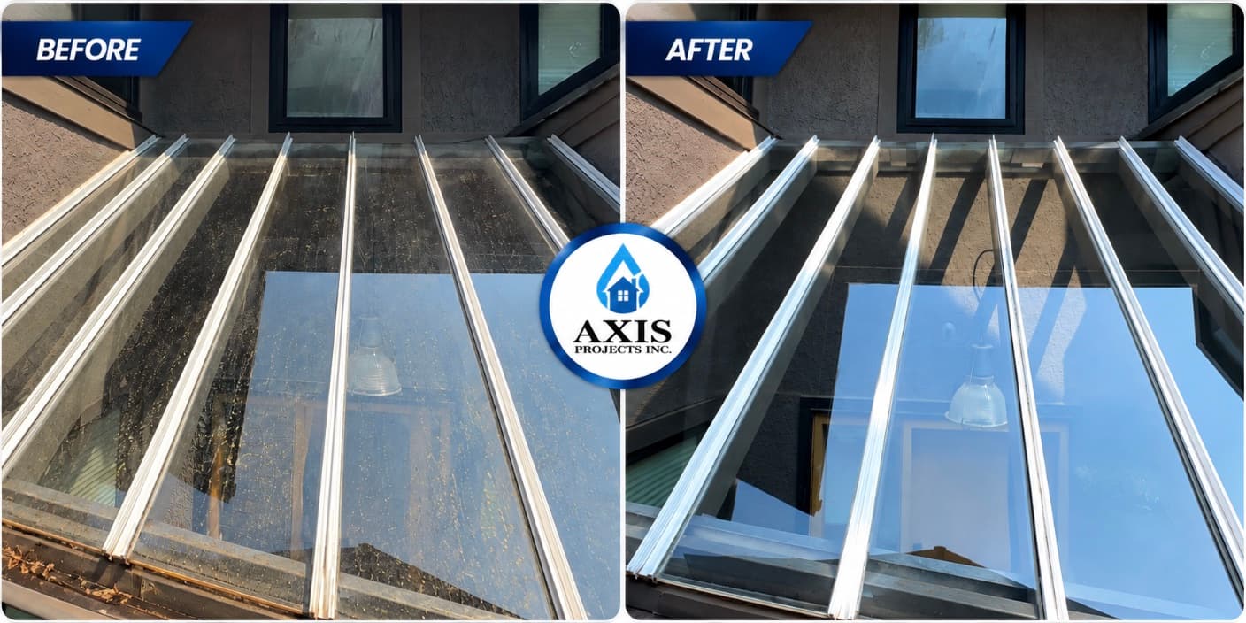 Skylight glass before and after cleaning by Axis Projects